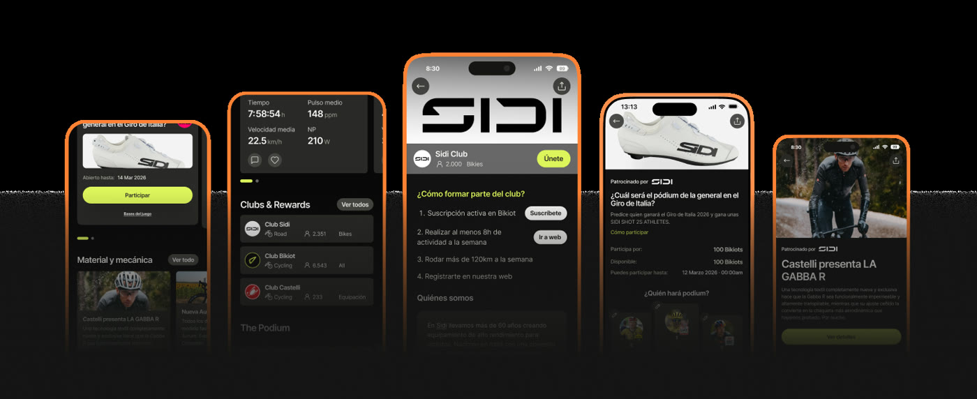 Club Bikiot — activity stats, rewards, and brand challenge screens