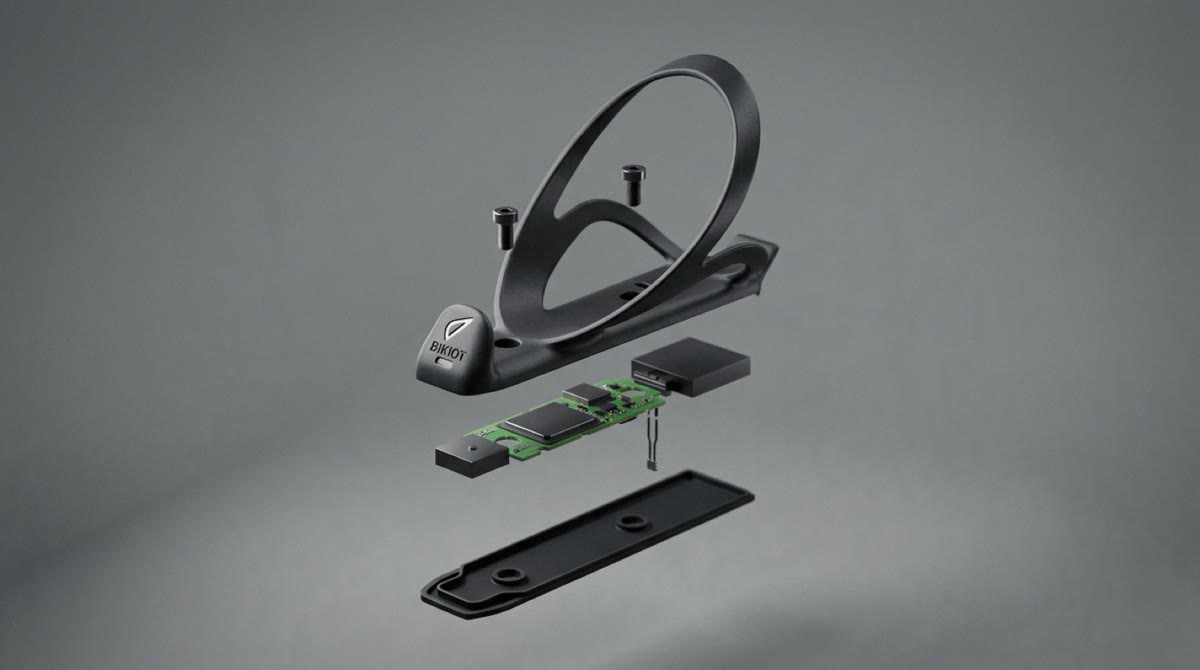 Bikiot IoT tag — exploded render showing bottle-cage mount, PCB, and enclosure