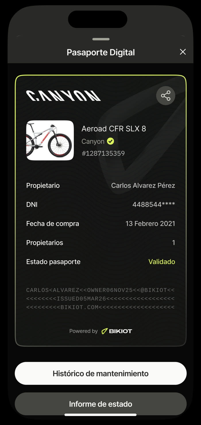 Digital Passport screen — bike model, owner, purchase date, validated status