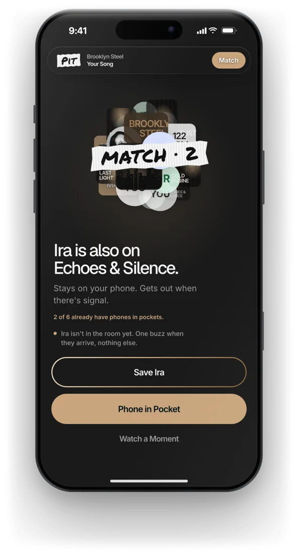 Match screen for Echoes and Silence: Ira isn't in the room yet, one buzz when they arrive