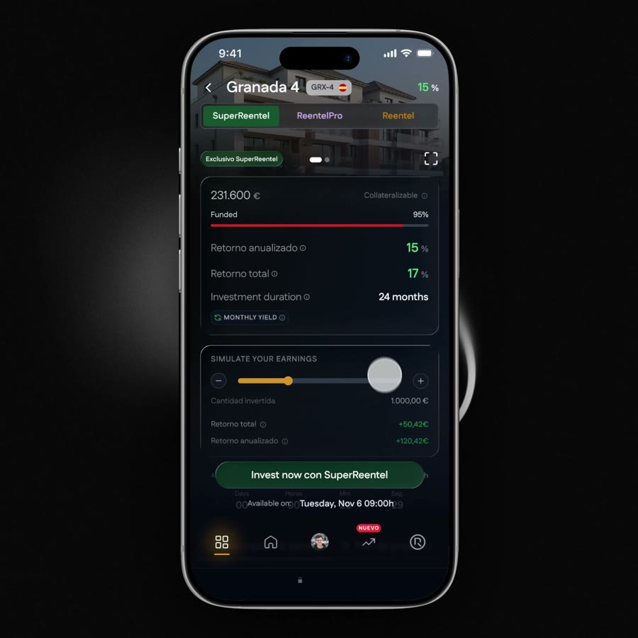 Property detail with funding bar and earnings simulator
