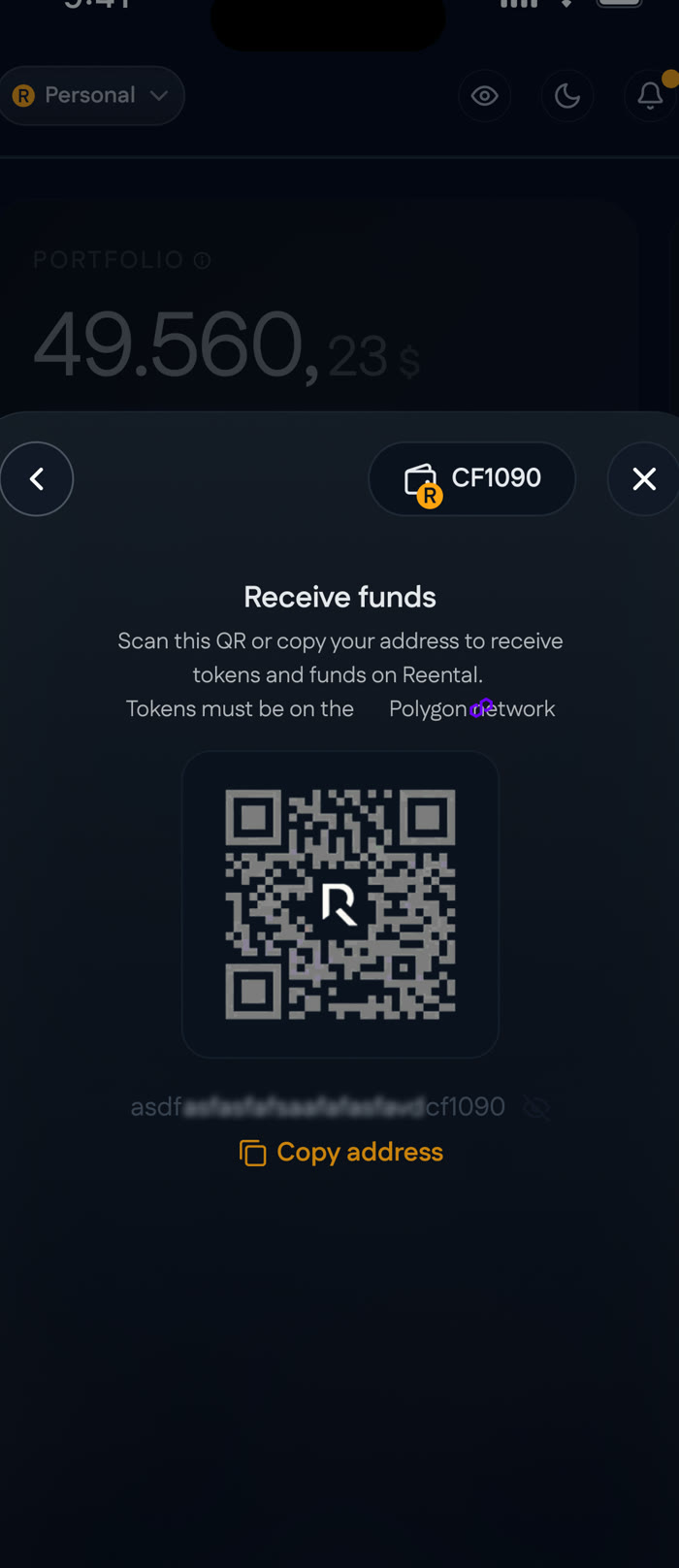 Receive funds — QR code and wallet address on the Polygon network