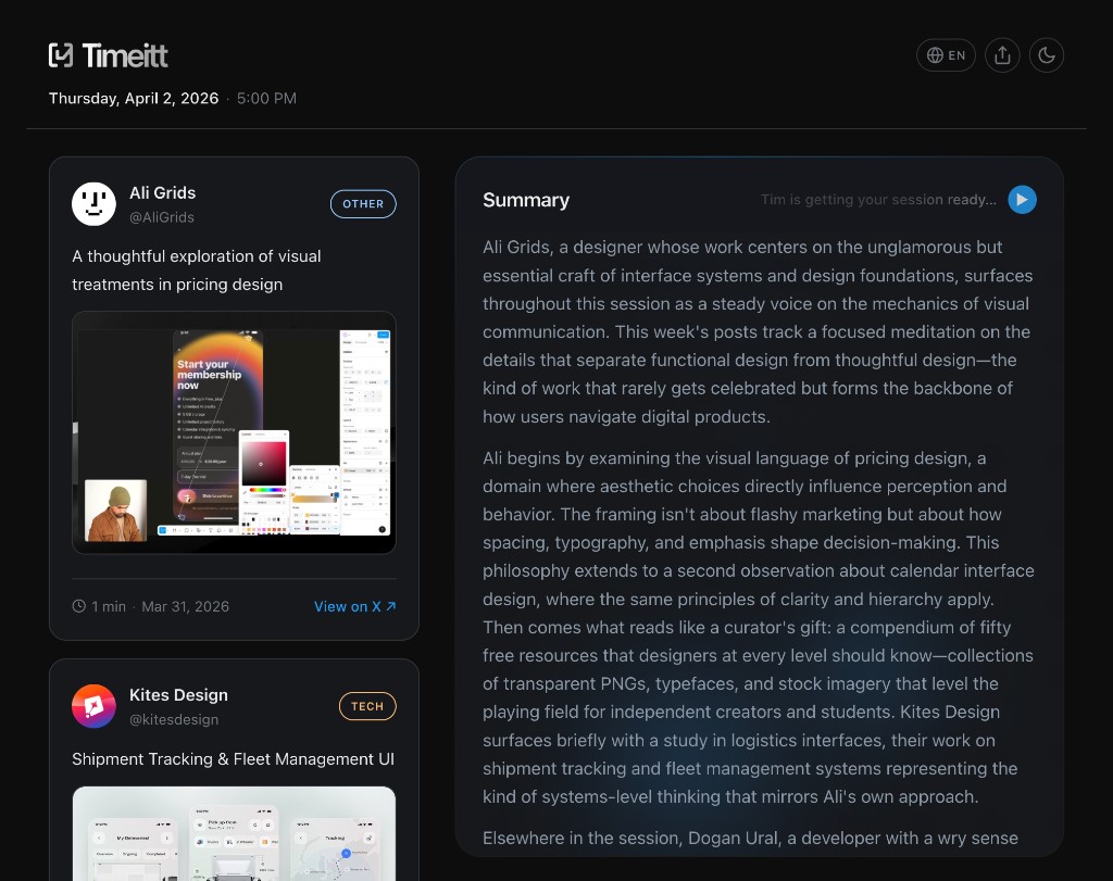 Timeitt session view — stories feed with AI summary panel